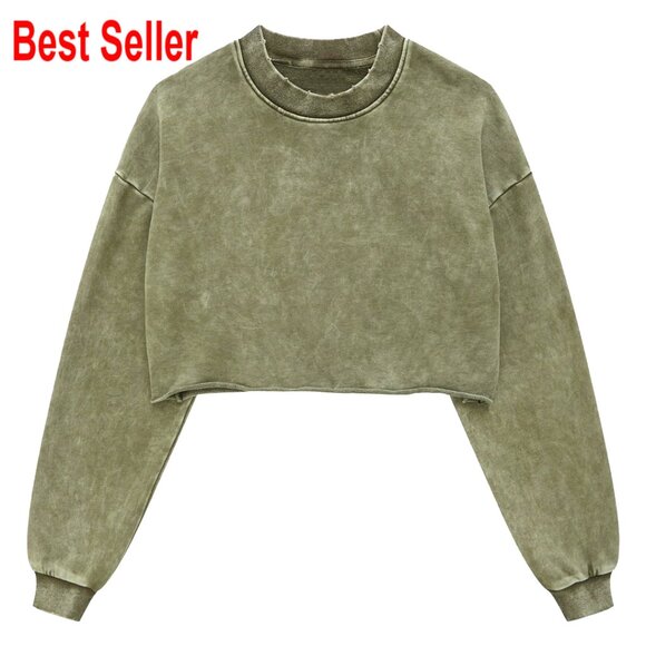 Vintage Cropped Sweatshirt Acid Wash Pullover Oversized Loose Fit
